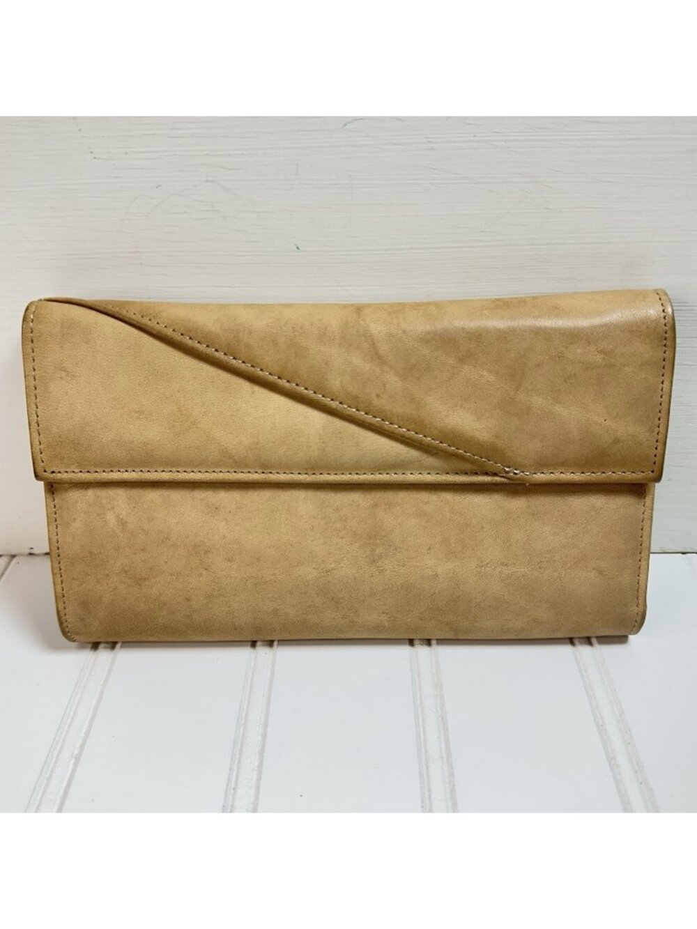 Vintage Rolfs American Classic Wallet Checkbook Leather Kiss Clasp Tan Beige